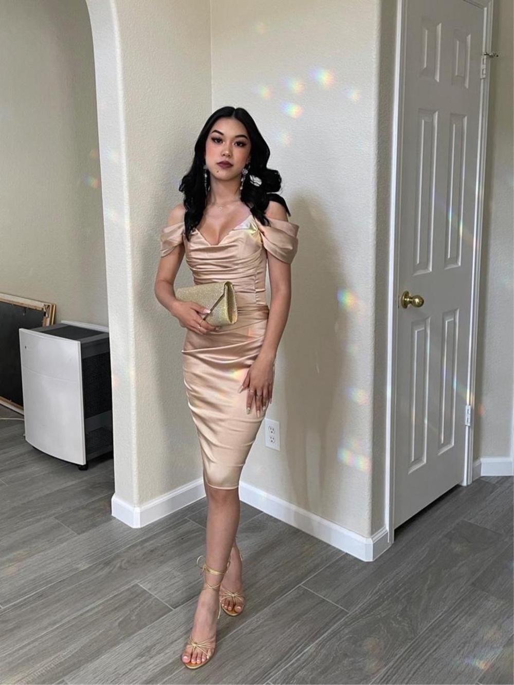 Oh Polly satin gold off the party midi cocktail dress